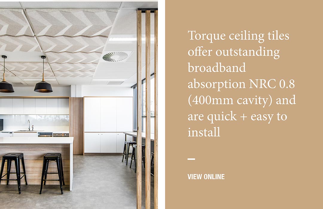 Torque ceiling tiles offer outstanding broadband absorption NRC 0.8 (400mm cavity) and are quick + easy to install