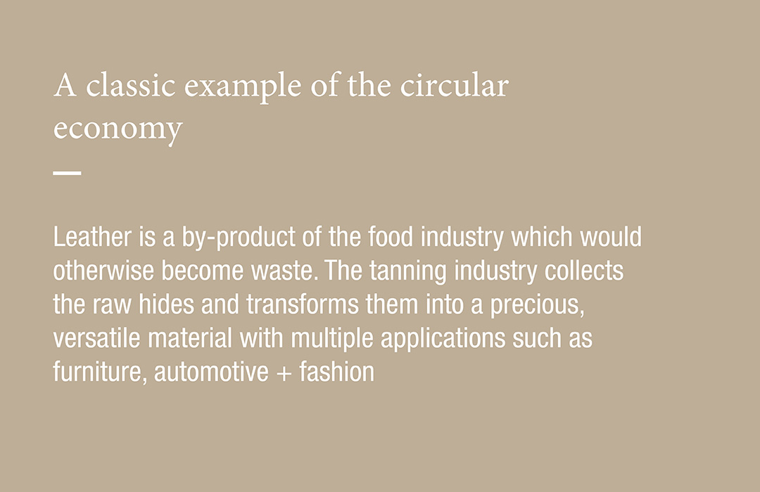 A classic example of the circular economy  Leather is a by-product of the food industry which would otherwise become waste. The tanning industry collects the raw hides and transforms them into a precious, versatile material with multiple applications such as furniture, automotive + fashion