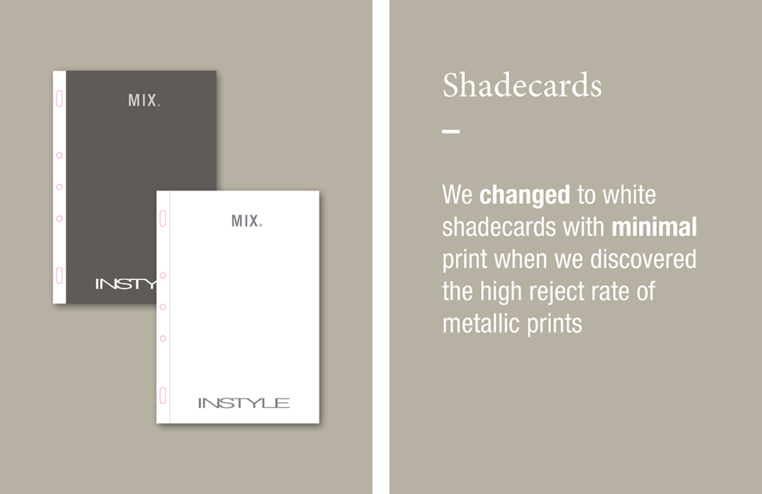 We changed to white shadecards with minimal print when we discovered the high reject rate of metallic prints